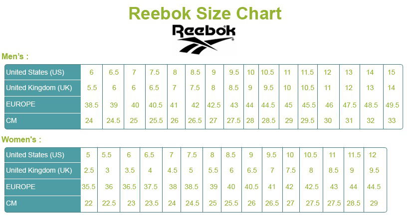 reebok unisex size chart